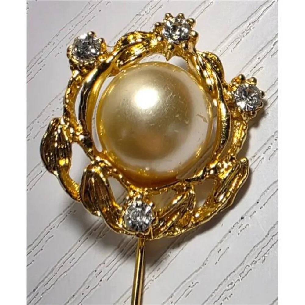 Vintage 10K Gold-Plated Filigree Lapel Pin w/ Rhinestones & Imitation Pearl 2.5